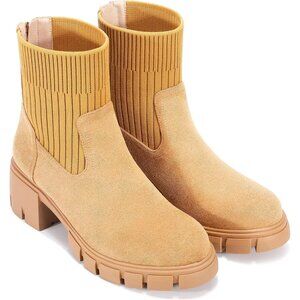 ⚡Women's Khaki Platform Chelsea Ankle Boots Low Chunky Heel Mid Calf Back Zipper